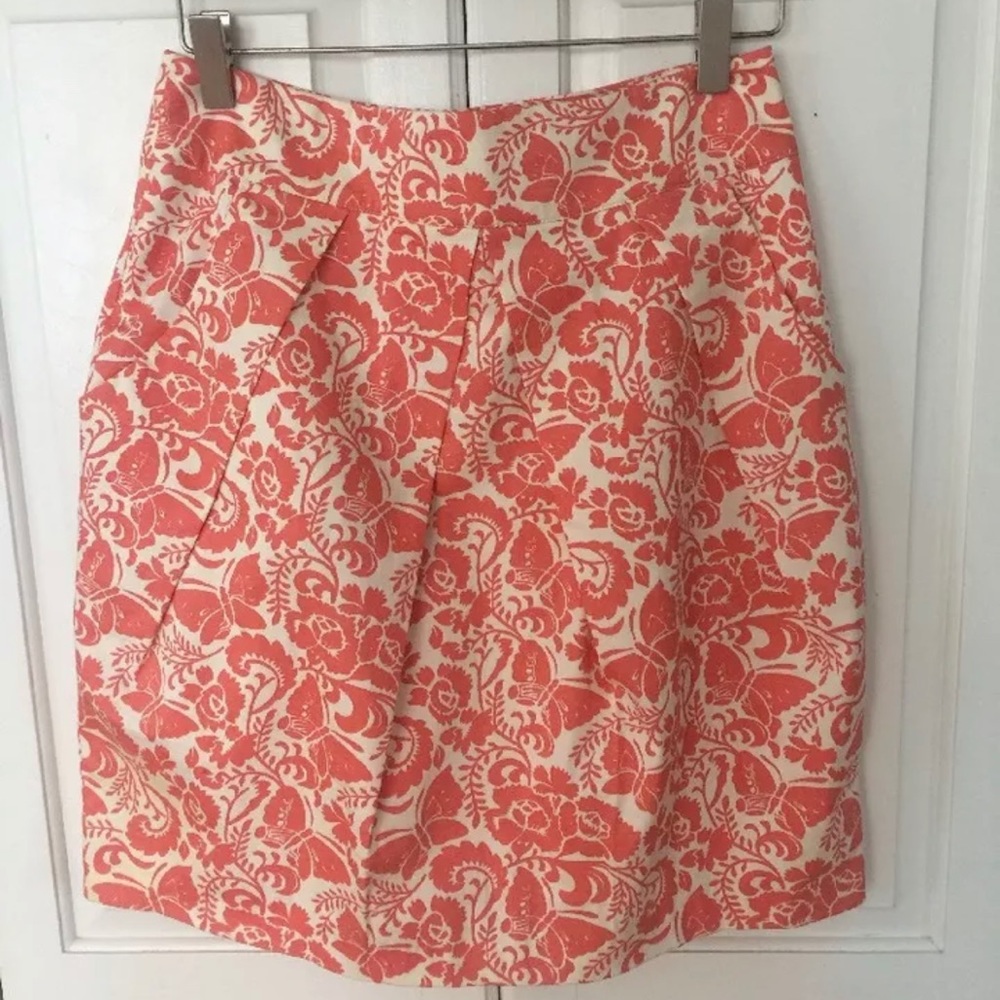 ANTHROPOLOGIE ODILLE Coral Butterfly Floral Skirt 6 mini pockets orange nature